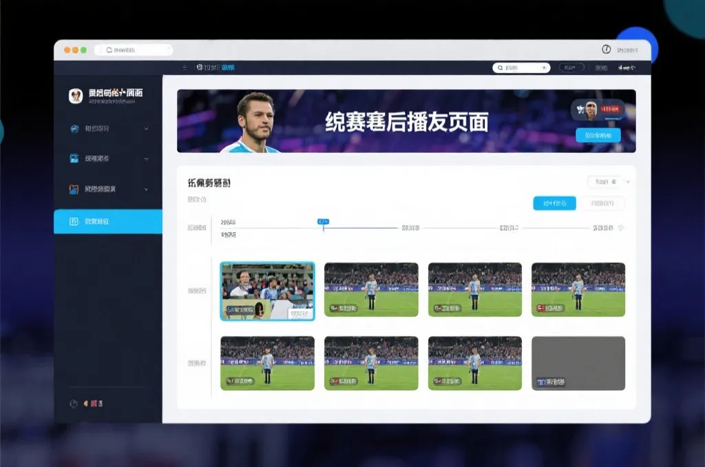 比赛结束后，电视屏幕展示集锦回放页面，旁边有时间轴和多角度切换提示